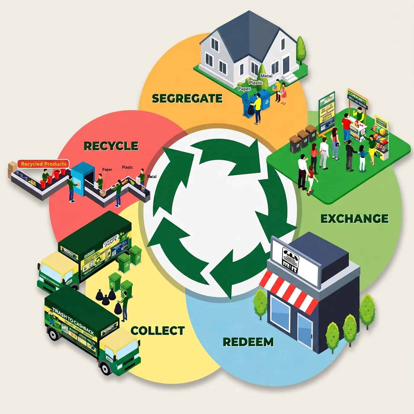 The five pillars of Trash to Cashback — Segregate, Exchange, Redeem, Collect, Recycle — arranged around a recycling cycle